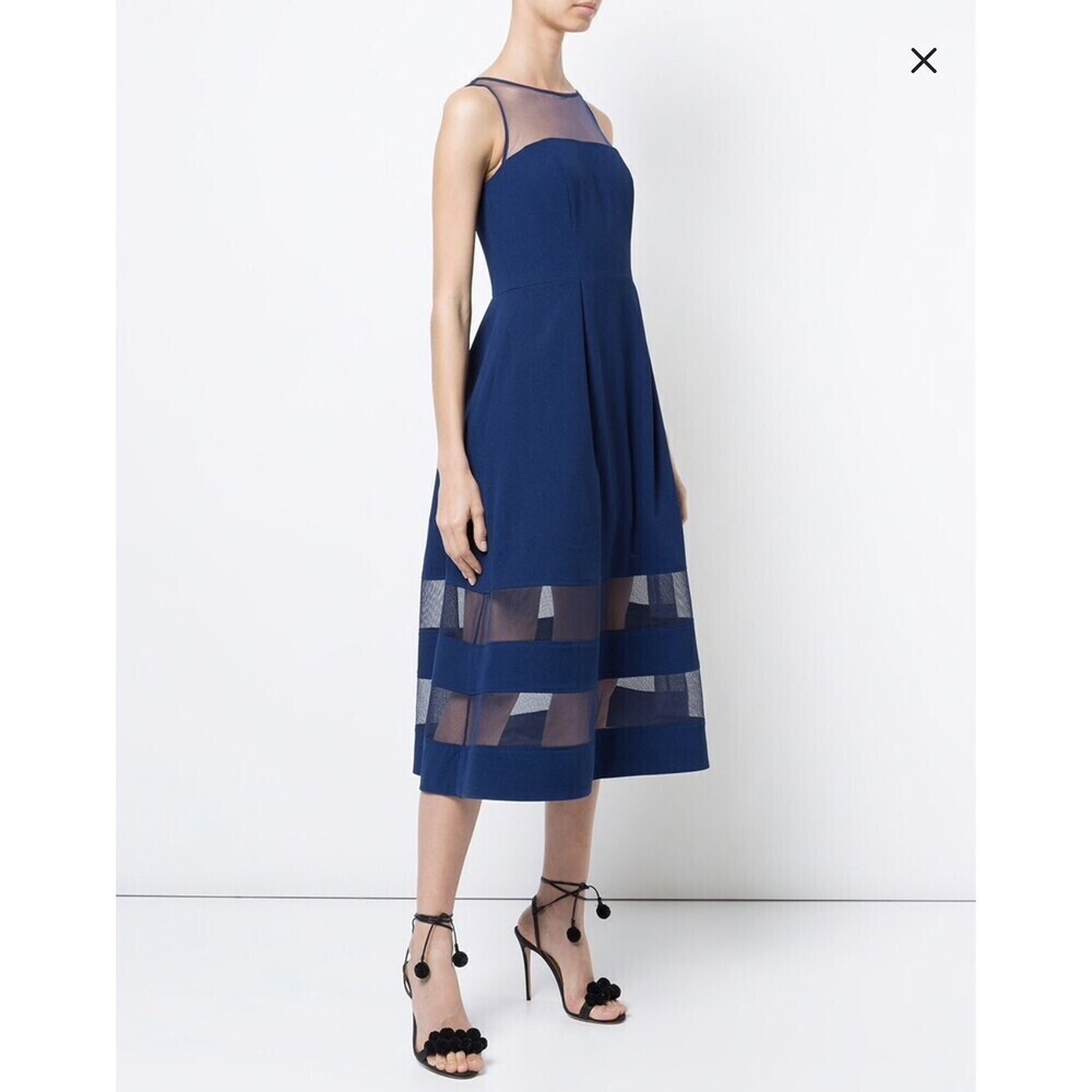 Aidan Mattox Flared Sheer Panel Midi Fit And Flare Cocktail Dress Navy Size 0